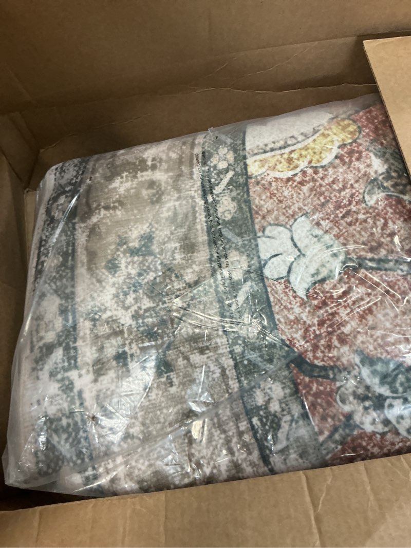 Condition photo showing New/Like New for Area Rugs 8ft Washable Non-Slip, Floral Vintage Distress Print Pattern Medallion Carpet for Living Room Bedroom Dining Room, Brick Red Rust Neutral Brown Burnt Orange Brick/Brown/Green 8' (Round)