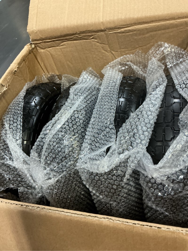 Condition photo showing Good Condition for ticonn 4.00-6 tire and wheel flat free, 4 pack 13" solid tires with 5/8" axle bore hole and double sealed bearings, perfect for wheelbarrow, garden cart, wagon, dolly (black, 4pk) 13" 4pk black