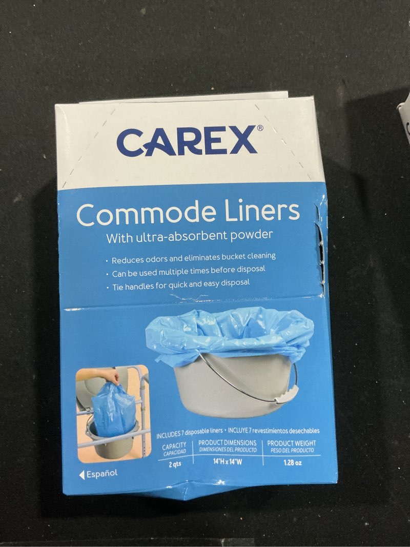 Condition photo showing New/Like New for Carex Commode Liners, Toilet Seat Cover, Fits Most Commodes, Toilet Liners and Paper Cover with Absorbent Powder, Disposable and Hygienic, 7 Count (Pack of 6), Travel Essentials for Public Restrooms