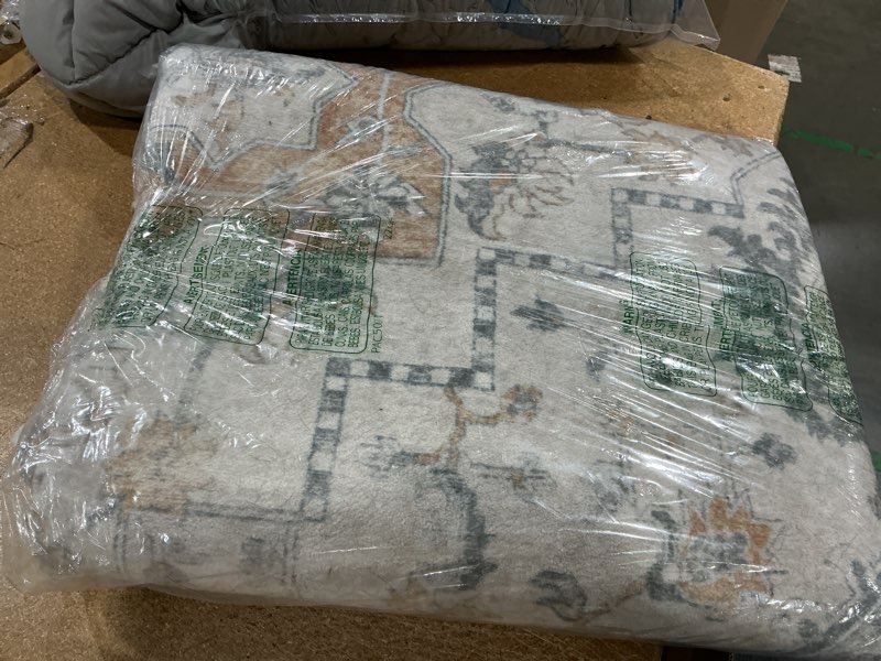 Condition photo showing As Is for genimo 7'6''x9'6'' area rugs for living room, machine washable low pile rugs, chenille non alip vintage rug for bedroom, dining room, home office, light taupe brown
