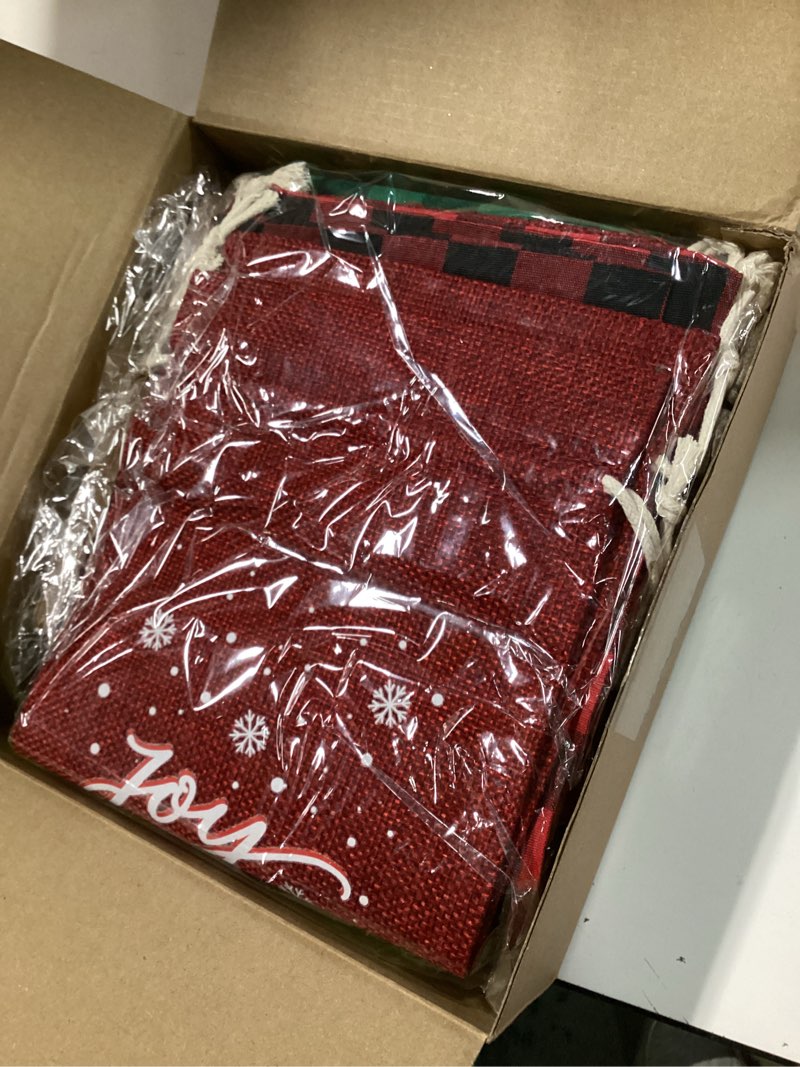 Condition photo showing New/Like New for Yeyeplum 24 Pcs Christmas Wine Burlap Bags Christmas Wine Gift Bags with Tags and Ropes Reusable Xmas Snowman Santa Bottle Covers for New Year Holiday Party Decor