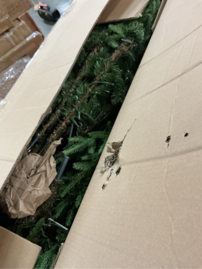 Condition photo showing As Is for National Tree Company 7.5 ft Pre-Lit Fraser Grande Artificial Christmas Tree, 1,000 Clear Lights, 3,719 Tips, Includes Stand, Green 7ft 6in