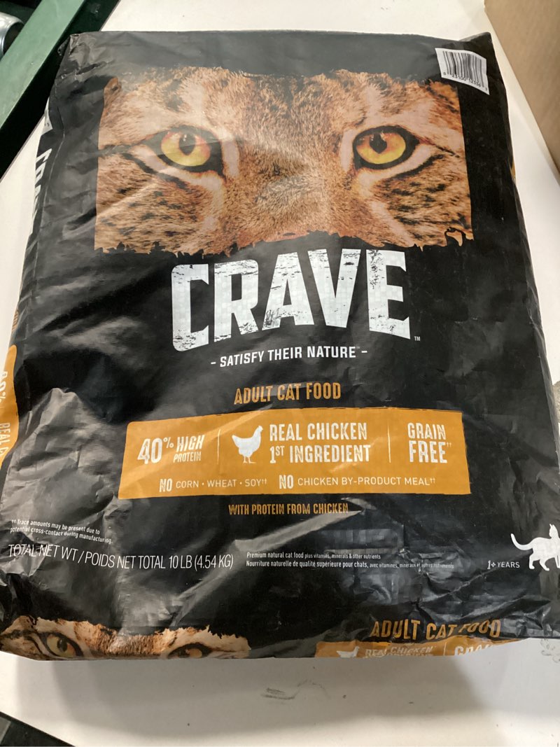 Condition photo showing New/Like New for (Best By Feb 25 2026) CRAVE Grain Free Adult High Protein Natural Dry Cat Food with Protein from Chicken, 10 lb. Bag Adult Chicken 10 Pound (Pack of 1)