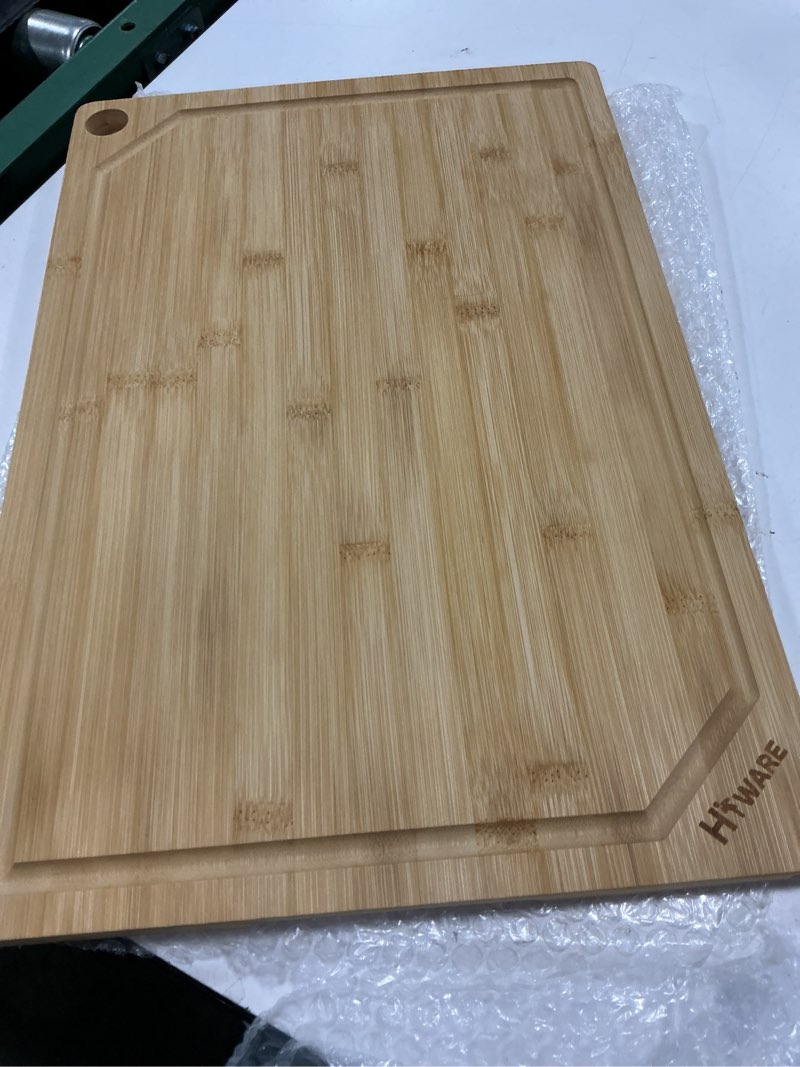 Condition photo showing Good Condition for 12 x 18 extra large bamboo serving boards for kitchen, heavy duty wood butcher block chopping board with handle and juice groove for meat, large charcuterie board, over the sink cutting board