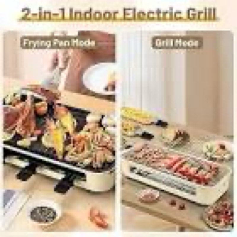 pukomc electric indoor grill,2 in 1 indoor grills for kitchen with grill net & non-stick cooking removable plate, temperature control, dishwasher safe, 1800w large smokeless griddle large beige