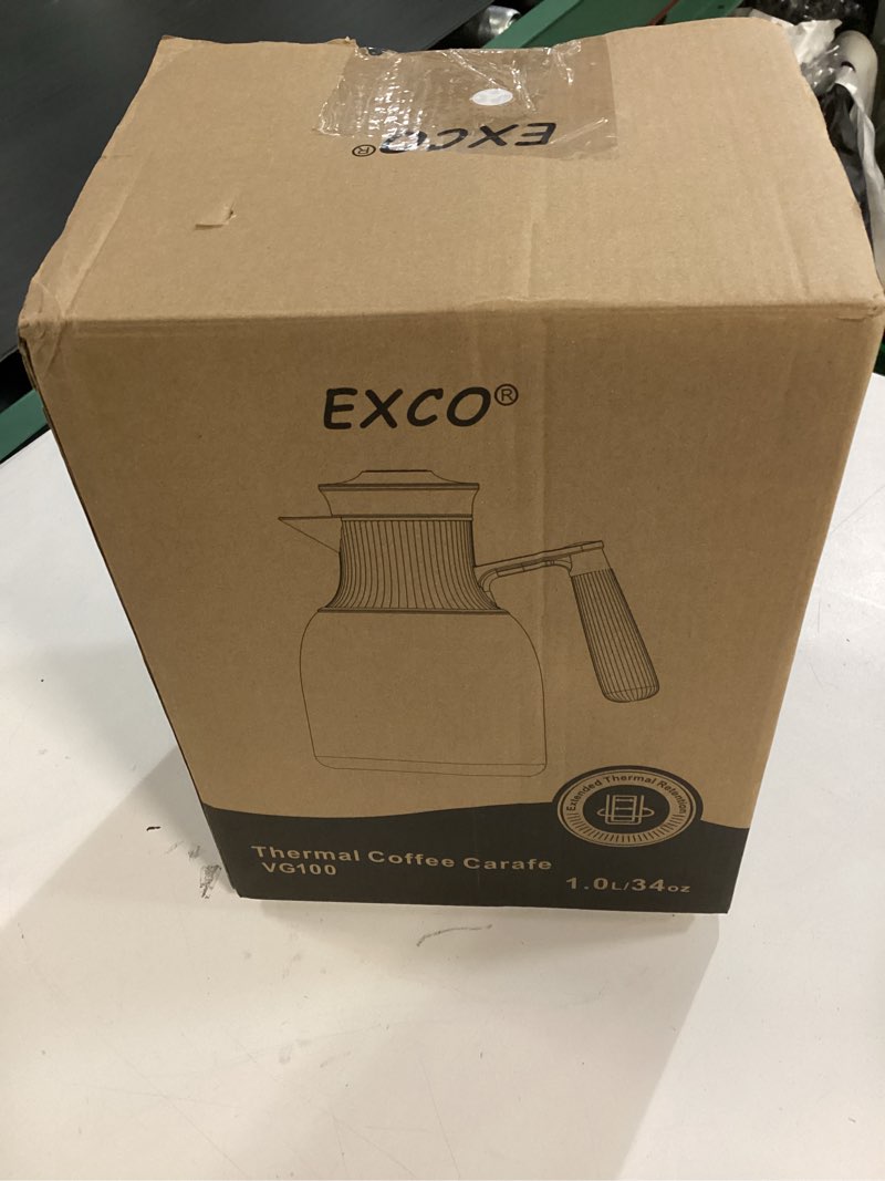 Condition photo showing New/Like New for EXCO 1.0L/34Oz Premium Thermal Coffee Carafe, Glass Lined Insulated Carafes for Keeping Hot, Elegant Coffee Tea Pot Vacuum Termos, Drink Beverage Dispensers, 12H Heat 24H Cold (Kahki+Wood Color)
