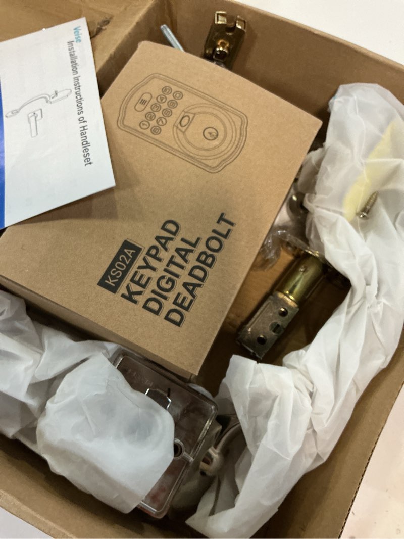 Condition photo showing As Is for veise fingerprint door lock set, keyless entry door lock, front handle set, electronic keypad deadbolt with lever handle, 2 keys, auto-locking, one-time codes, easy to install, satin nickel