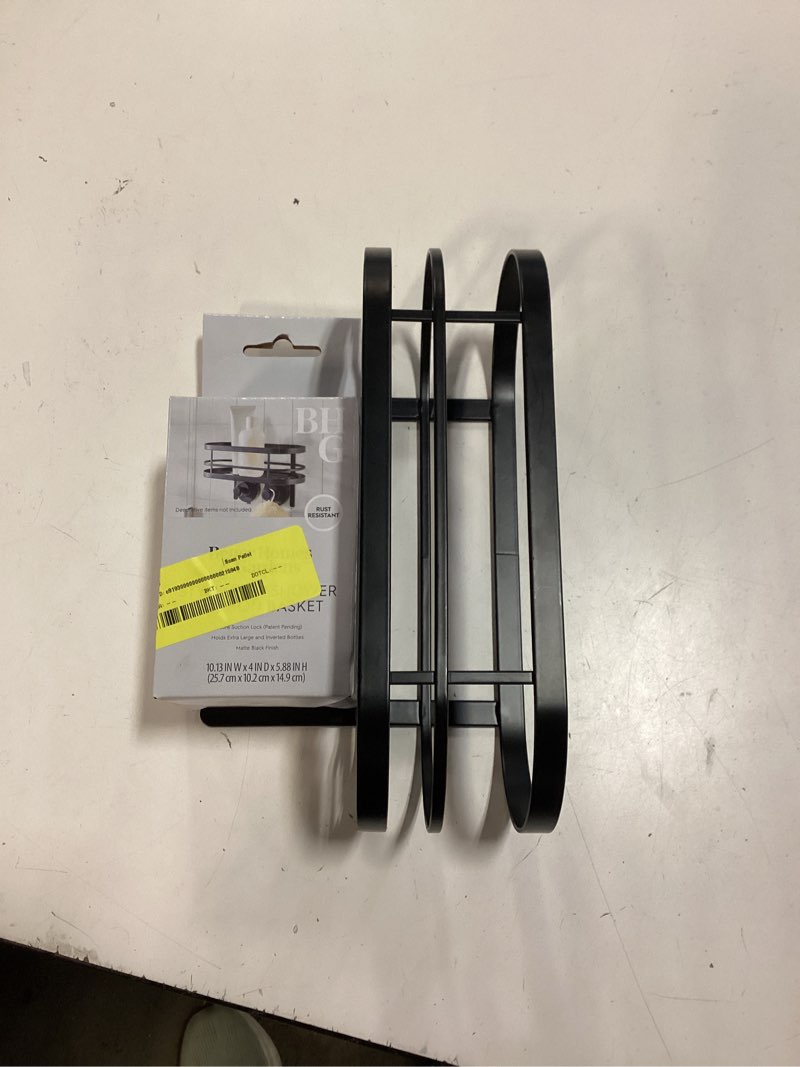 Condition photo showing As Is for better homes & gardens stylegrip™ suction mount shower caddy in a matte black finish.
