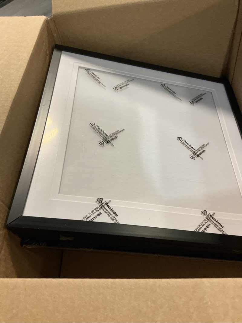 Condition photo showing As Is for 4 pack 15x15 record frame with double sided mats, album frame made of engineered wood and clear acrylic for 12x12 lp cover display vinyl cover with hanging hardware for wall(white mat)