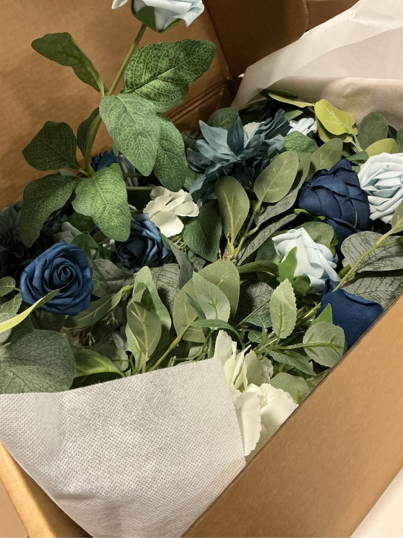 Condition photo showing Good Condition for Ling's Moment 41" Tall Free Standing Artificial Flowers Arrangements 2 pcs Wedding Arch Altar Stage Decorations Dusty Blue Navy for Ceremony Reception Silk Rose Fake Floral Party Outdoor Beach Decor Blu-dusty Blue & Navy 41" Tall x 22" Cross