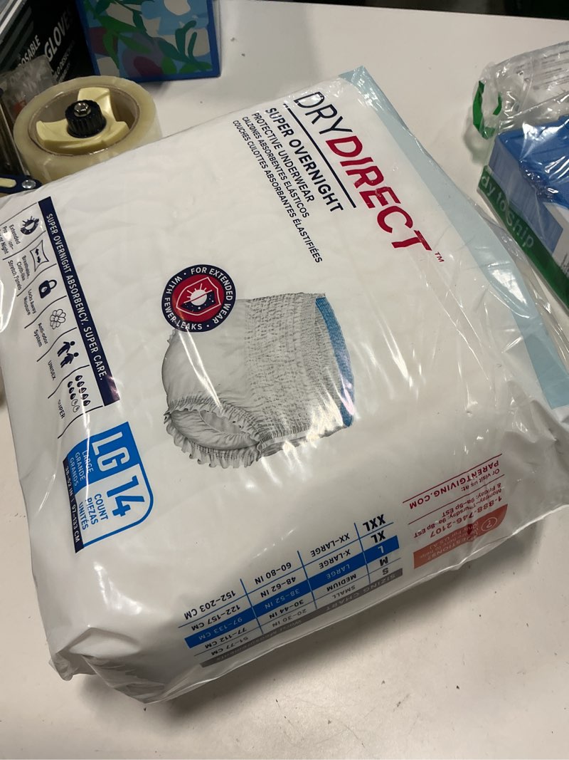 Condition photo showing New/Like New for dry direct super overnight underwear, soft cloth-like adult diapers, overnight disposable incontinence protection - large (pack of 14) large pack of 14
