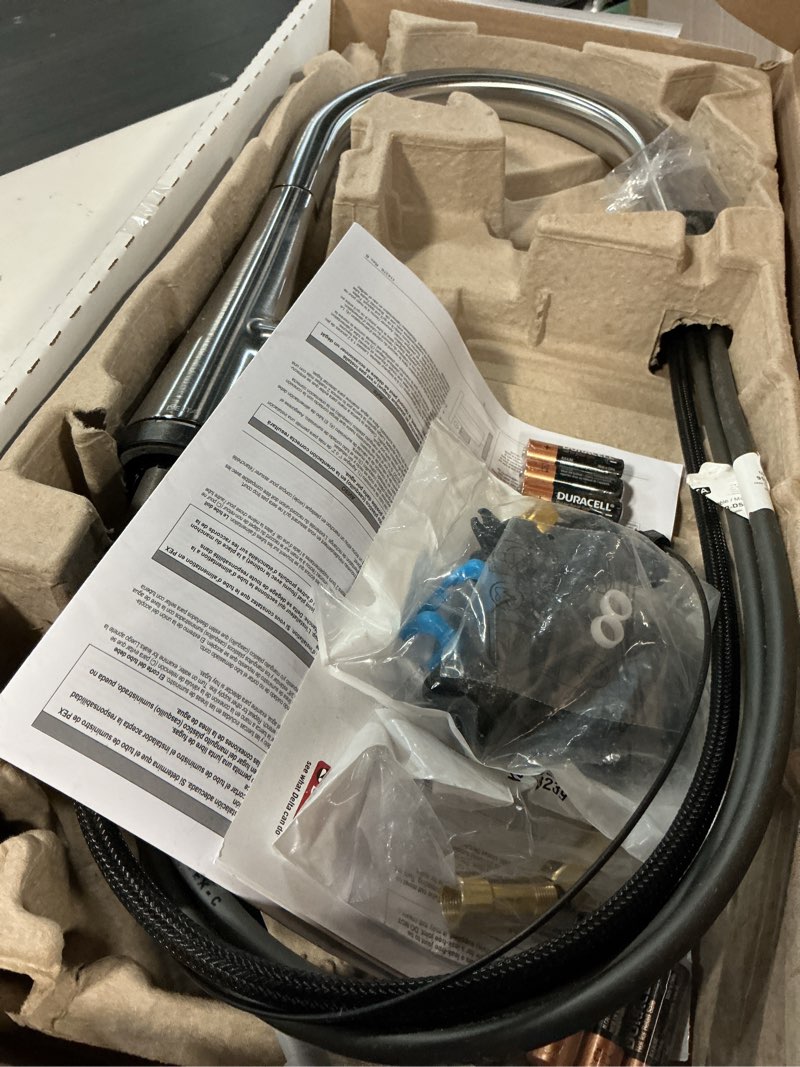 Condition photo showing Good Condition for delta monrovia touchless kitchen faucet with touch technology, brushed nickel kitchen sink faucet with pull down sprayer, single hole, lumicoat arctic stainless 9191tl-ar-pr-dst lumicoat arctic stainless touchless activation