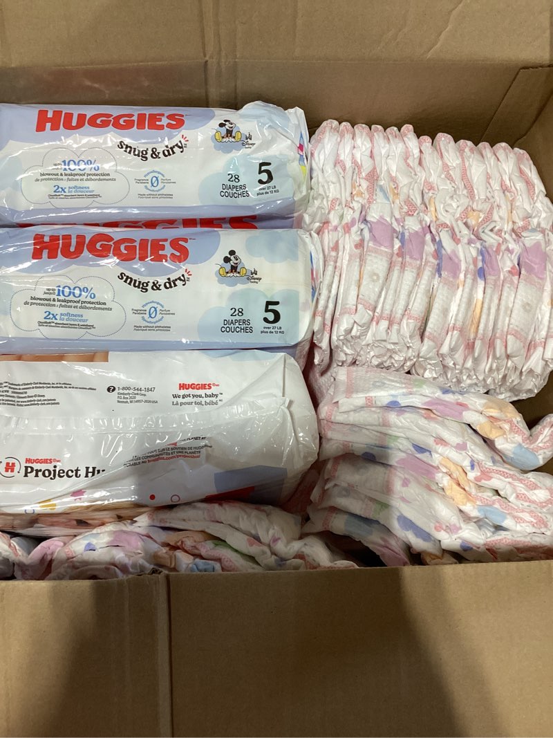 Condition photo showing As Is for huggies size 5 diapers, snug & dry baby diapers, size 5 (27+ lbs), 168 count (6 packs of 28), packaging may vary size 5 168