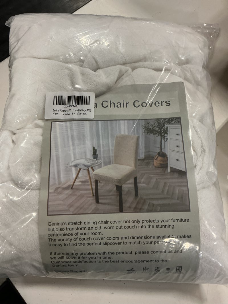 Condition photo showing New/Like New for genina waterproof dining chair covers set of 4 parsons chair slipcovers | double waterproof protection, stretch fit, textured jacquard pattern, machine washable, fits parsons, kitchen, pet friendly