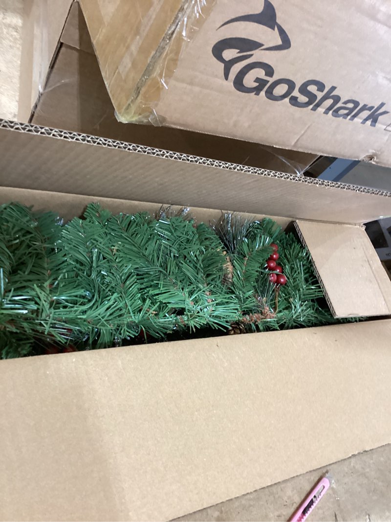 Condition photo showing Good Condition for national tree company 9 ft pre-lit crestwood spruce artificial christmas garland, christmas decoration with glitter, pinecones, red berries, 50 warm white led lights, 180 tips, timer, green battery operated tree