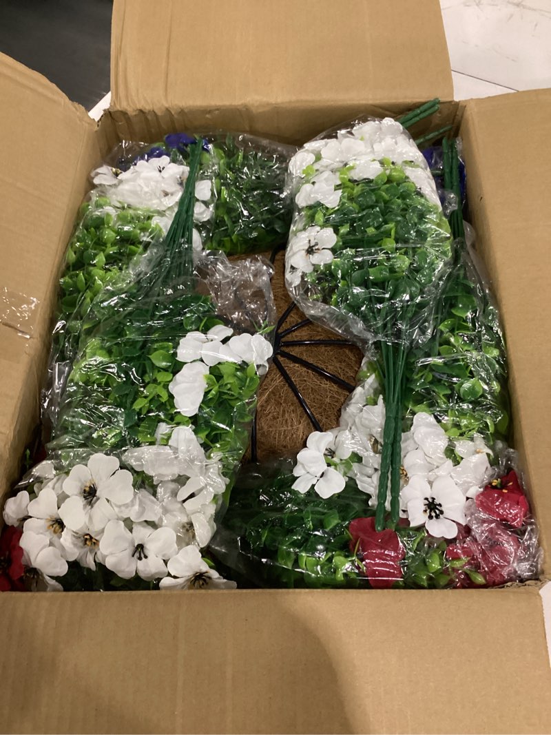 Condition photo showing Good Condition for hananona 2 set artificial outdoor flowers with hanging basket, 2 hanging planters with 24 pcs patriotic flowers for summer front porch patio 4th ofjuly decor (2, red, white, blue) red, white, blue 2