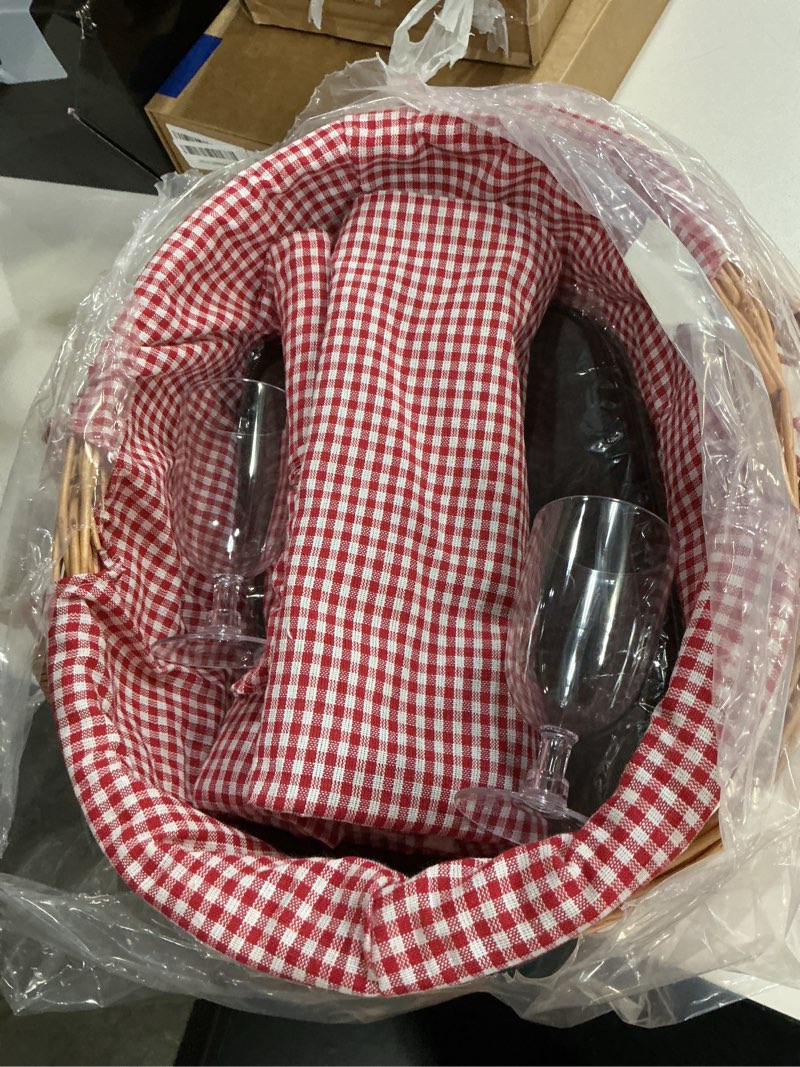 Condition photo showing Good Condition for picnic basket for 2 with table and blanket collapsible cooler bag insulated picnic set for beach picnic hamper picnic date essentials for outdoor picnic accessories wedding gift/bridal shower gift red and white lining