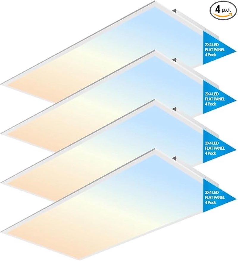 LED ENERGY PLUS 2x4 FT LED Light Flat Panel,40/50/60W,Color Temperature Selectable 3K | 4K 5K,Dimmable Recessed Drop Ceiling Lights,5000/6250/7500 Lumens,Lay in Fixture,120-277V,UL DLC(4 Pack),White