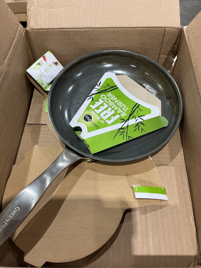 Condition photo showing As Is for greenpan lima hard anodized 10" frying pan skillet, wood spatula, ceramic nonstick, pfas-free nontoxic pots and pans, oven & broiler safe, stainless steel handle, cookware for eggs & omelet, gray