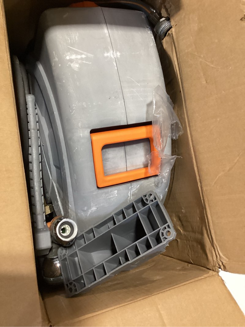 Condition photo showing As Is for retractable garden hose reel, 1/2 inch x 100 ft water hose reel wall mounted, any length lock, slow auto-rewind, 180°swivel bracket & 10 pattern nozzle 1/2'' 100ft