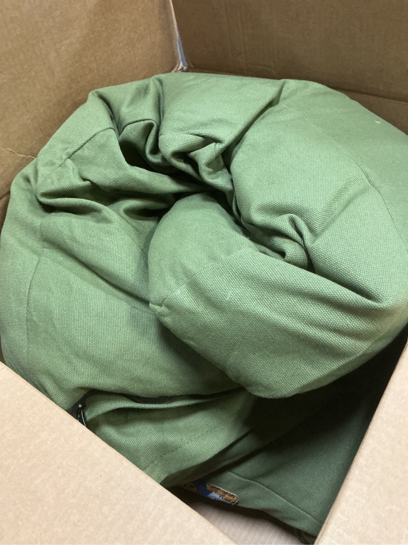 Condition photo showing As Is for sytopia 42 inch waterproof indestructible canvas outdoor dog bed for extra large dogs, chew proof dog crate bed with washable removable cover, indoor outdoor patio pet pad, green x-large green