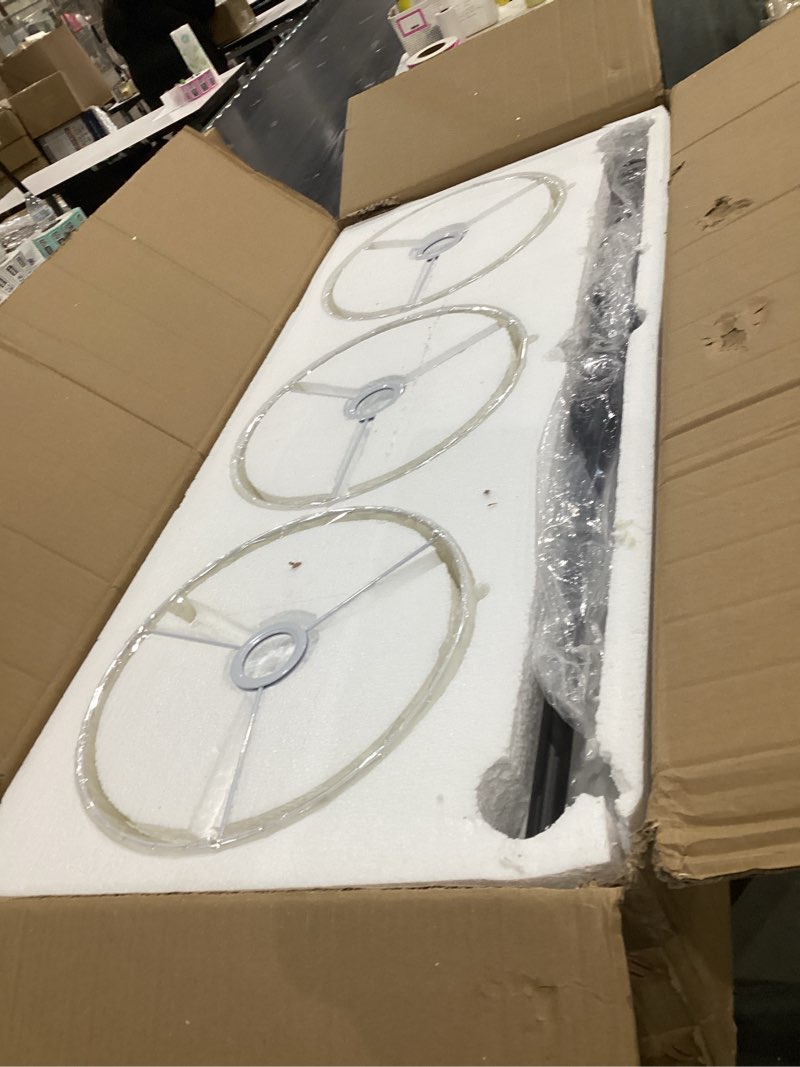 Condition photo showing Good Condition for 47" w modern linear kitchen island pendant light fixture 3-light white linen drum shade chandelier black metal linear chandeliers for dining room farmhouse hanging light for living room, bar, e26 47inch black and white