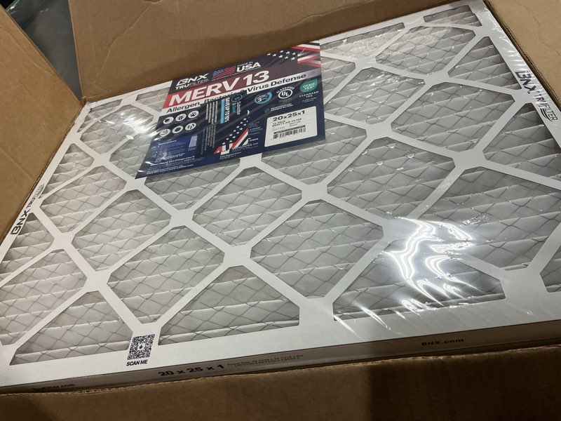 Condition photo showing New/Like New for BNX TruFilter 20x25x1 MERV 13 (12-Pack) AC Furnace Air Filter - MADE IN USA - Electrostatic Pleated Air Conditioner HVAC AC Furnace Filters - Removes Pollen, Mold, Bacteria, Smoke MERV 13 20x25x1 12-Pack