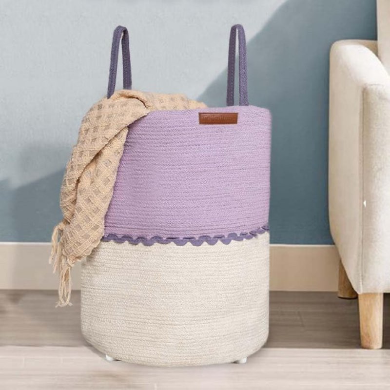folkulture 20" x 15" cotton rope laundry basket - soft lilac