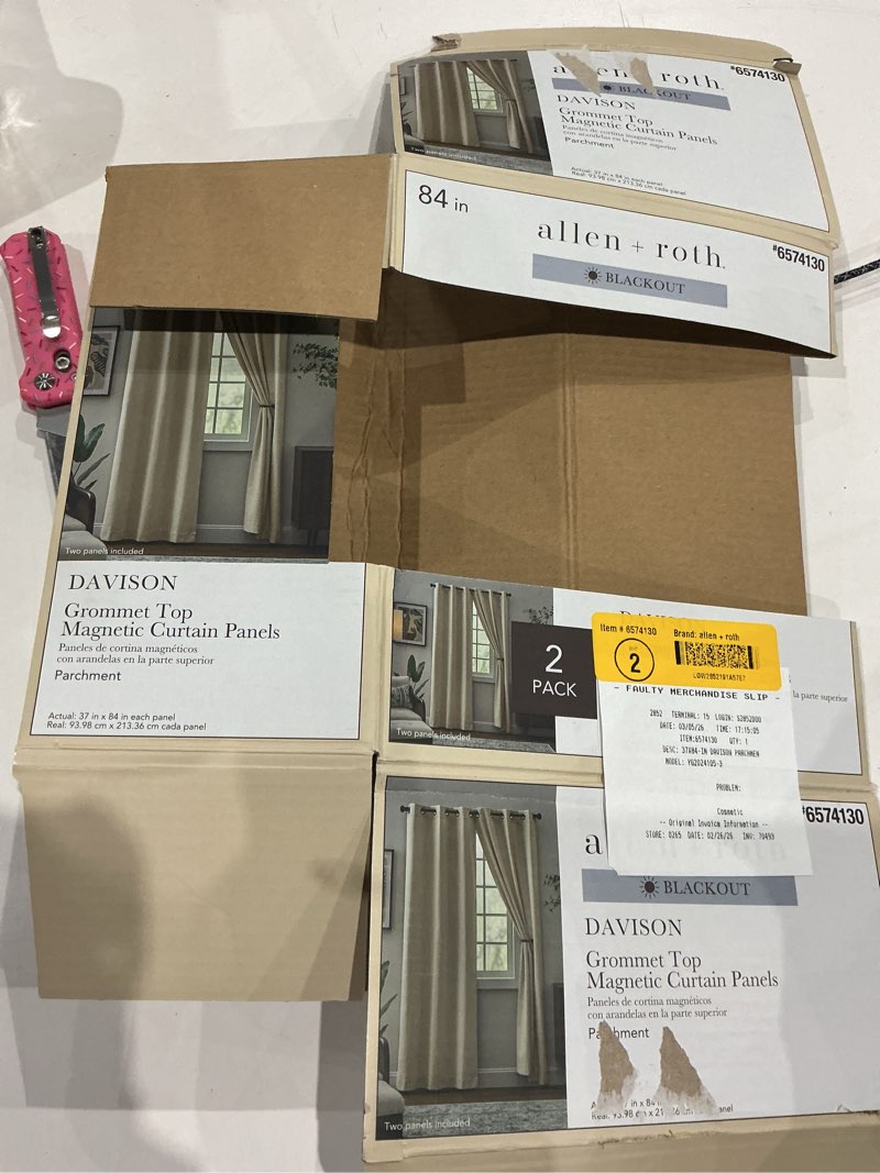 Condition photo showing As Is for sun zero aldwin slub texture magnetic closure 100% blackout grommet curtain panel, 40" x 84", washed blue washed blue 40"w x 84"l (pack of 1)