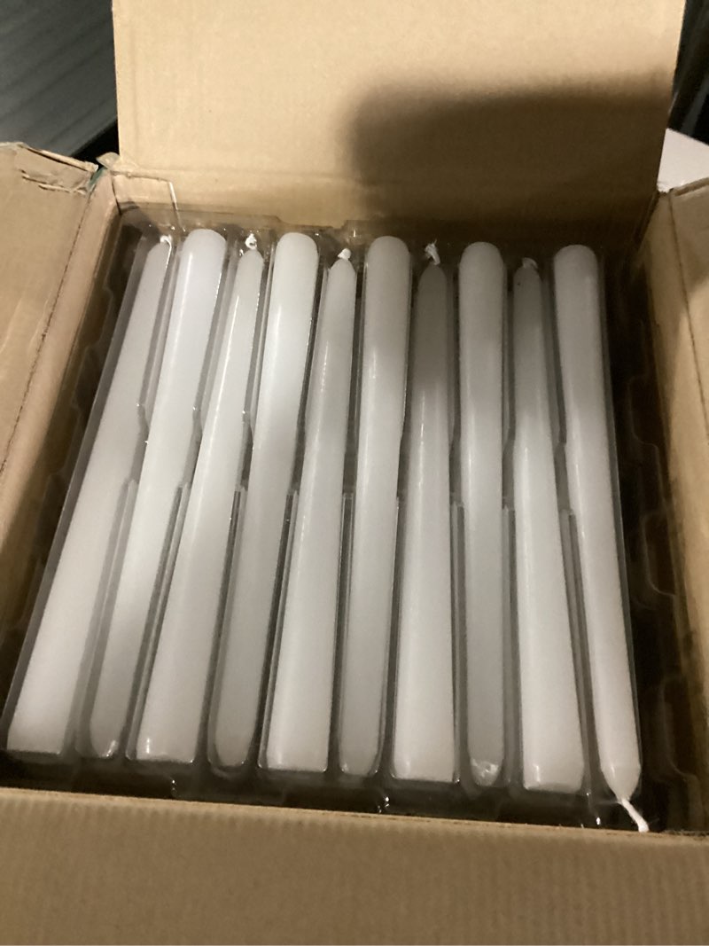 Condition photo showing New/Like New for 100Pack White Taper Candles, 7-8 Hours Burn Time, Unscented, Smokeless and Dripless, 0.75 x 10 Inch Dinner Candle Set for Household, Wedding, Party and Home Décor Candlesticks White-100