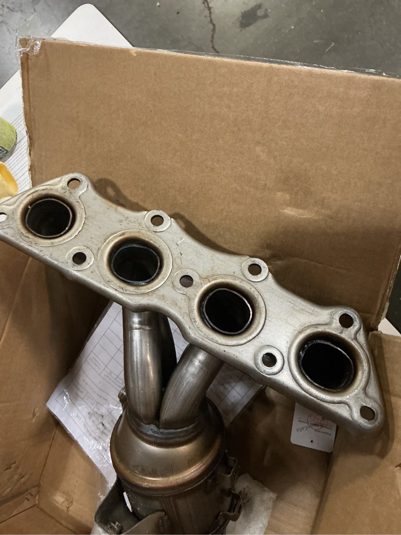 Condition photo showing As Is for catalytic converter for 2012-2019 kia soul, 2012-2017 hyundai accent 1.6l | 2012-2017 veloster | 2012-2017 rio | e.p.a. | oem replacement 16680 641502 47351 28510-2bef1 | 6-year warranty | direct-fit 2012-2017 hyundai accent front