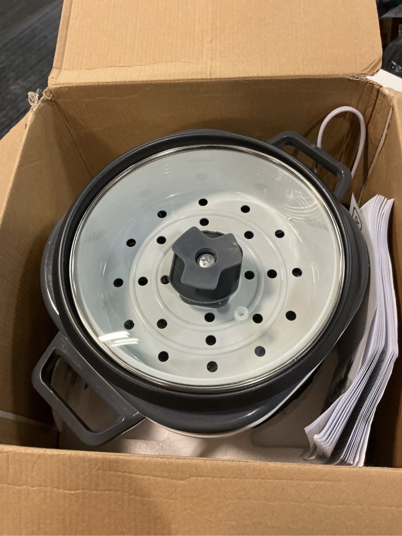 Condition photo showing As Is for black+decker 16-cup rice cooker, rc516, 8-cup uncooked rice, steaming basket, removable non-stick bowl, one touch