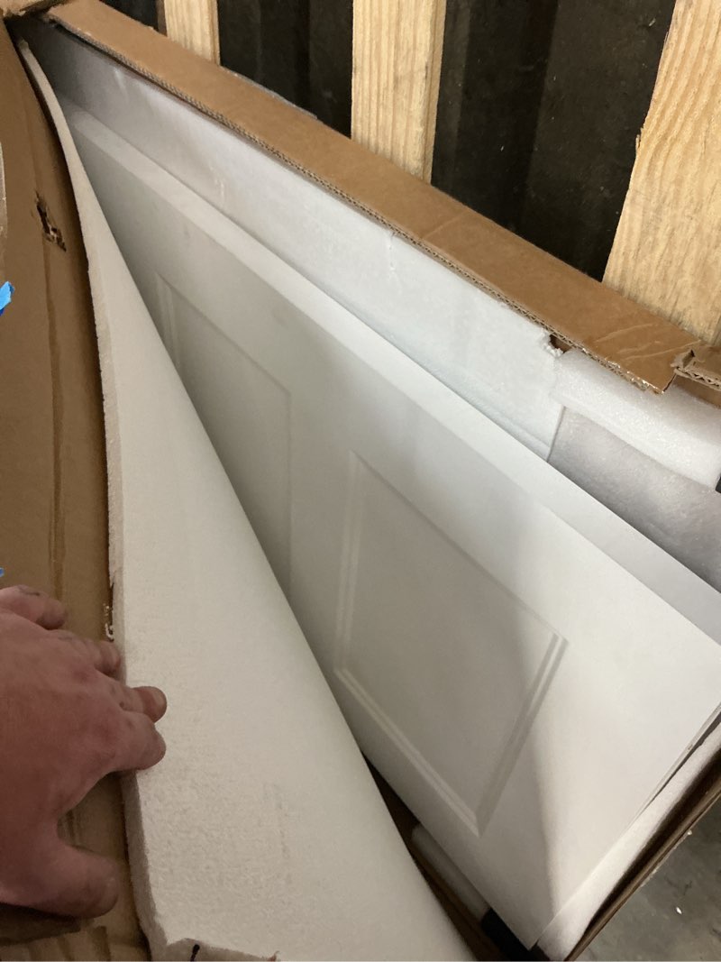 Condition photo showing Good Condition for sliding pocket door 28" x 80", 5-panel frosted glass panel with soft close pocket door frame kit, interior & closet pre-assembled door slab, white primed 28" x 80" white