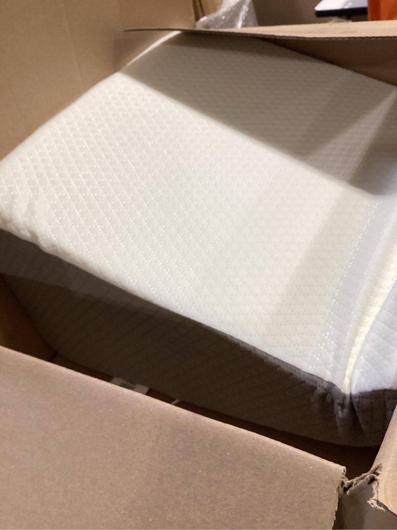 Condition photo showing As Is for bedluxe wedge pillow, 10 inch bed wedge pillow for headboard, pillow wedge for acid reflux relief, sleeping, back pain relief, snoring, triangle pillow wedge, white/grey 24*24*10 inch white grey