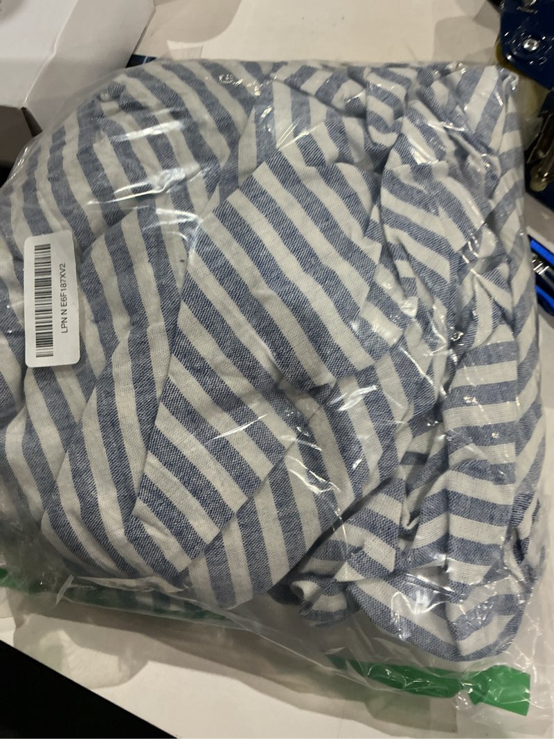 Condition photo showing As Is for boao cotton 60 x 120 inch farmhouse ruffle tablecloth blue white striped flounces trim table cover for rectangle table kitchen party wedding decor 60 x 120 inch rectangle blue white