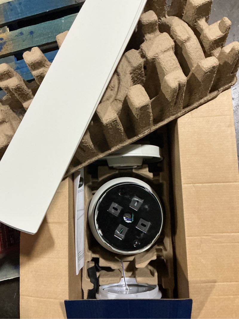 Condition photo showing As Is for harbor breeze calverton 52-in white with white/driftwood blades color-changing indoor flush mount ceiling fan with light and remote (5-blade)