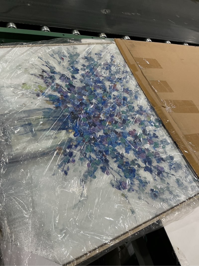 Condition photo showing Good Condition for abstract flowers wall art framed: purple bouquet in vase pictures artwork print painting on canvas for bedroom office (30''w x 30''h, multiple sizes) 30"l x 30"w blue floral