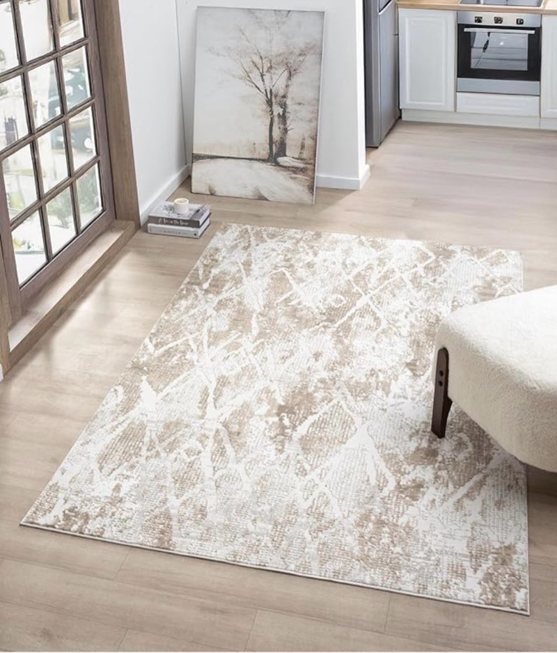 Adel Modern Area Rug for Living Room, 6x9 Rustic Distressed Abstract Beige Neutral Rug, Medium Pile Stain Resistant Carpet for Bedroom, Dining Room or Kitchen (6' x 9’, Beige)