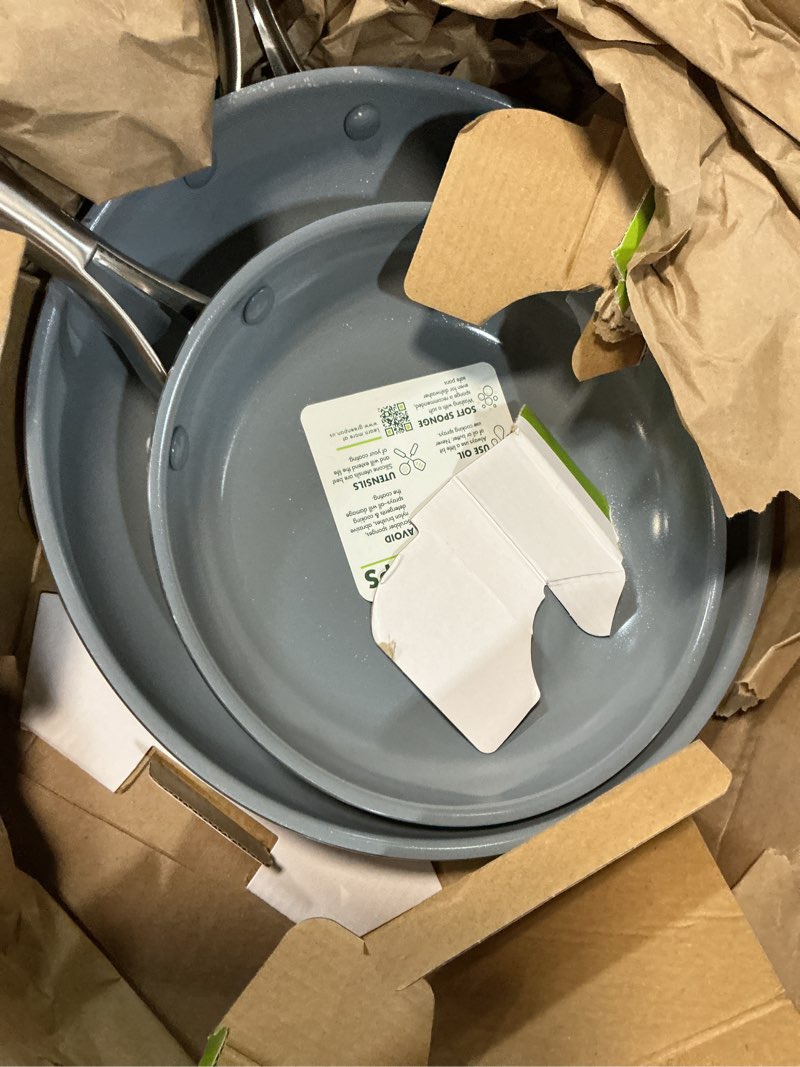 Condition photo showing Good Condition for greenpan swift healthy ceramic nonstick, 8" and 10" frying pan skillet set, stainless steel handles, pfas-free, dishwasher safe, oven safe, black silver handle 8" and 10" frying pan skillet set gray