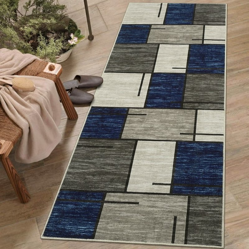 glowsol 2' x 6' long runner rug geometric rug modern non-shedding soft runner rug non-slip bedroom rugs for laundry kitchen, navy blue/multi
