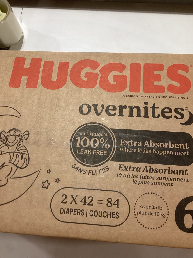 Condition photo showing New/Like New for Huggies Size 6 Overnites Baby Diapers: Overnight Diapers, Size 6 (35+ lbs), 84 Ct (2 Packs of 42), Packaging May Vary Size 6 84