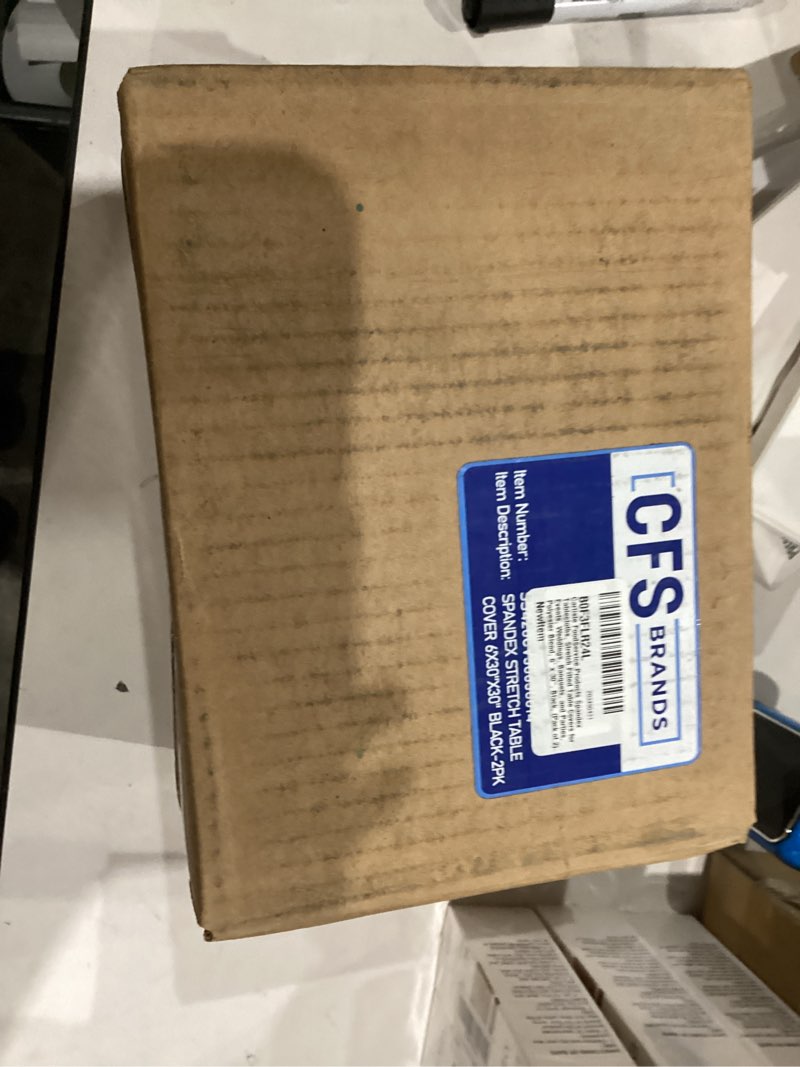 Condition photo showing New/Like New for Carlisle FoodService Products Spandex Tablecloths, Stretch Fitted Table Covers for Events, Weddings, Banquets, and Parties, Polyester Blend, 6' x 30", Black, (Pack of 2)