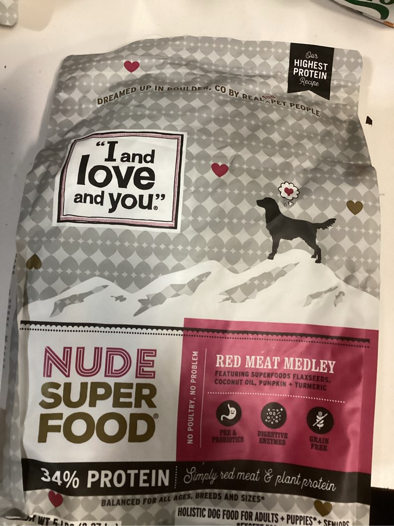 Condition photo showing New/Like New for 03/12/2026) I and love and you Nude Super Food Dry Dog Food - Red Meat Medley - Prebiotic + Probiotic, Grain Free, Real Meat, No Fillers, 5lb Bag Red Meat Medley 5 Pound (Pack of 1)