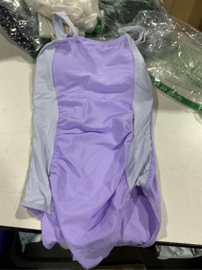 Condition photo showing Good Condition for girl swimsuit one piece bathing suit for girls solid color ruched adjustable straps padded swimwear 9-18y purple 11-12 years
