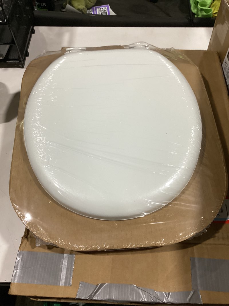 Condition photo showing New/Like New for mayfair padded toilet seat, cushioned soft vinyl over wood core seat, secure hinges, easy clean, made in usa, round, white round white toilet seat