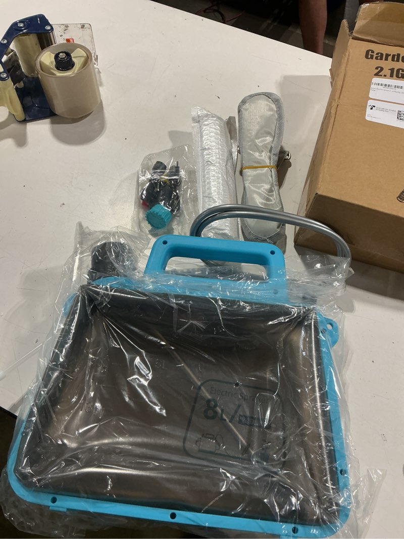 Condition photo showing Good Condition for battery powered garden sprayer 2 gallon, electric pump sprayer with 3 mist nozzles, rechargeable handle, telescopic wand, adjustable strap, water spray weed sprayer for lawn, garden, yard, plants
