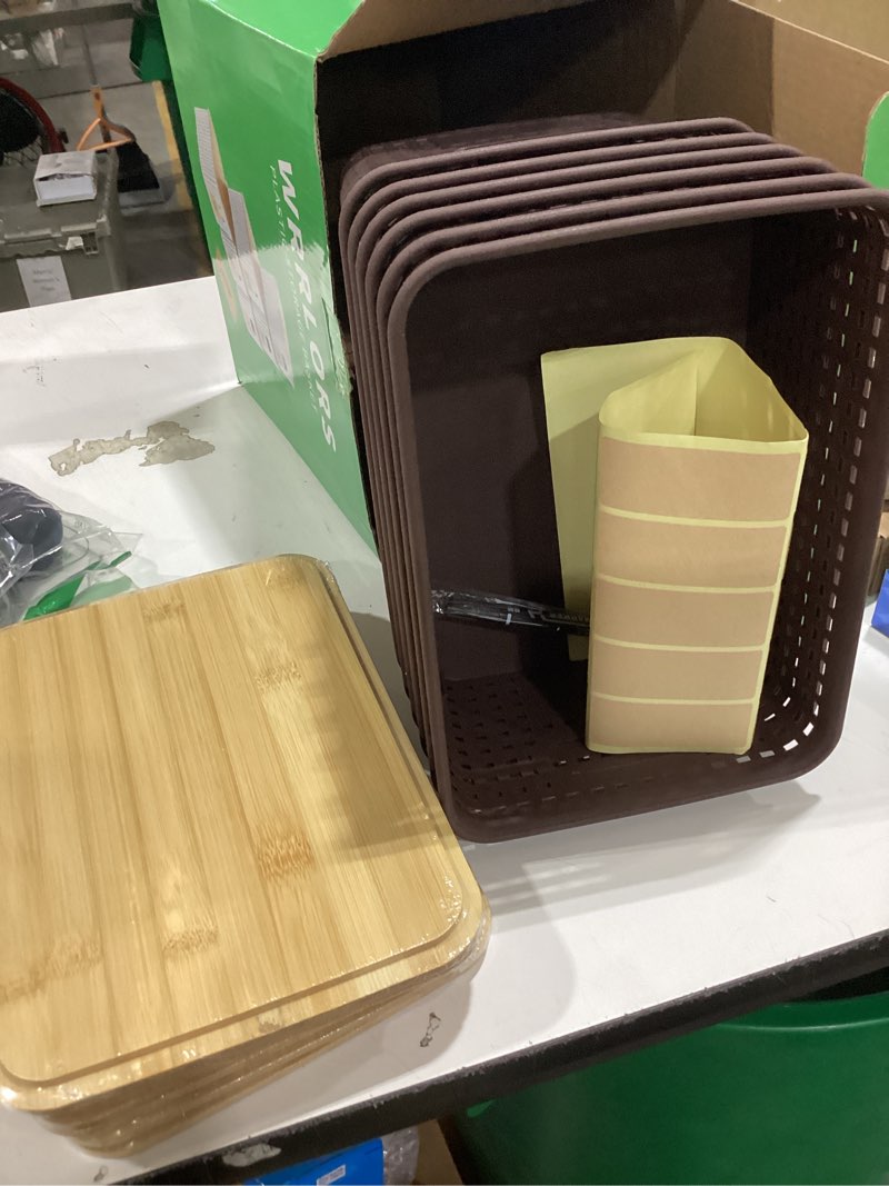 Condition photo showing Good Condition for plastic storage baskets with bamboo lids and labels, stackable storage containers, storage bins for organizing shelves drawers desktop closets office, 6 packs-brown