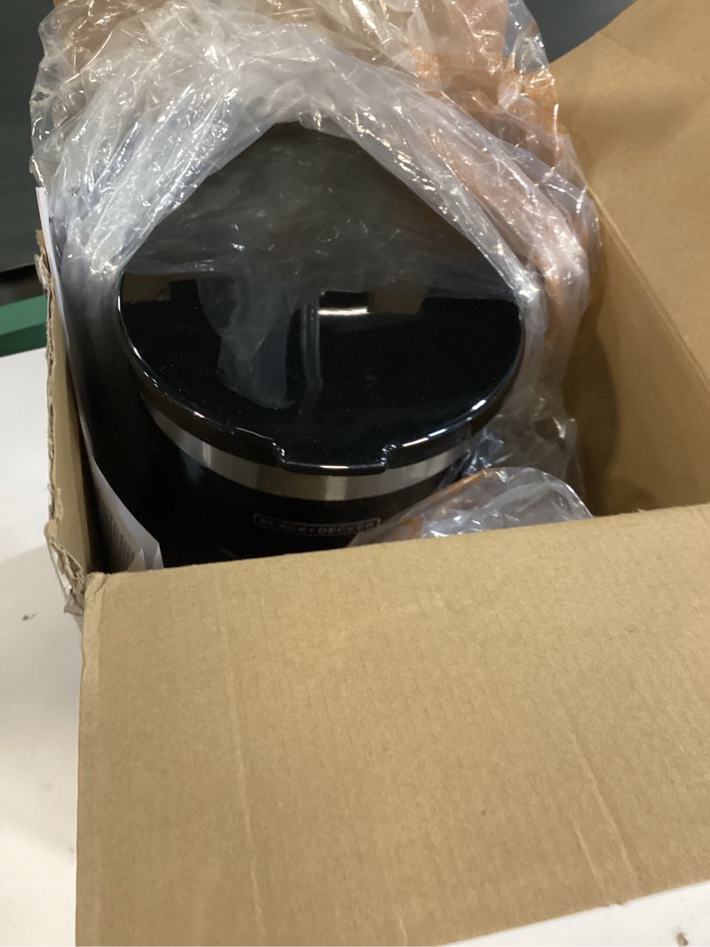 Condition photo showing As Is for black+decker 12-cup digital coffee maker, programmable, washable basket filter, sneak-a-cup, auto brew, water window, keep hot plate, black
