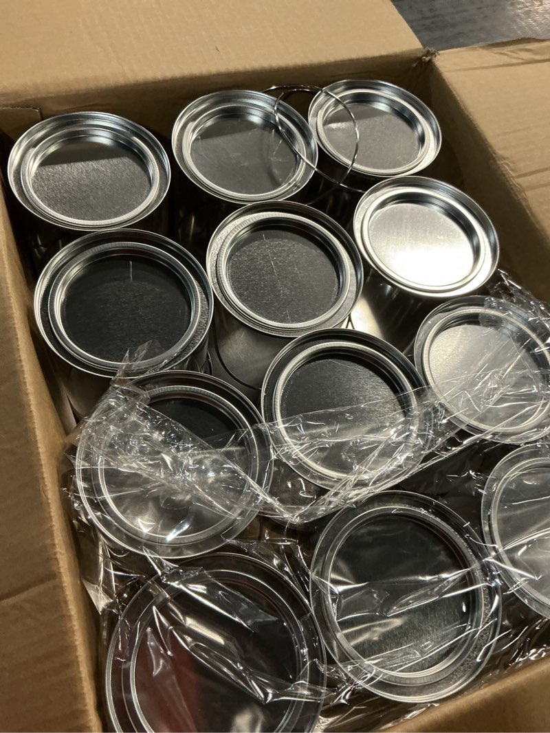 Condition photo showing Good Condition for yalikop 12 pack clear paint cans with metal lids, plastic empty storage bucket paint can containers and handle for putting candy, party favors cans, decor and diy projects (5 inch tall) 12 5 inch tall