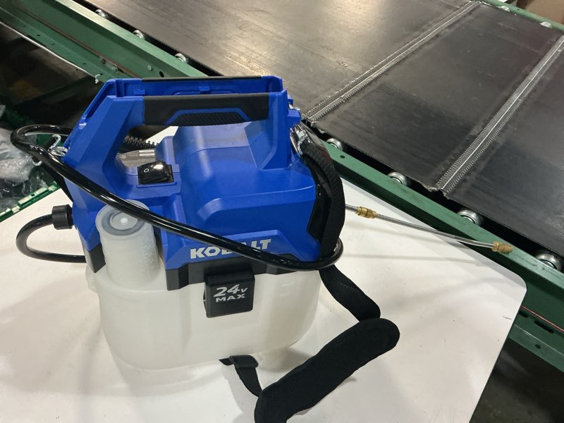 Condition photo showing As Is for kobalt 2.11-gallon 24-volt battery operated handheld sprayer 